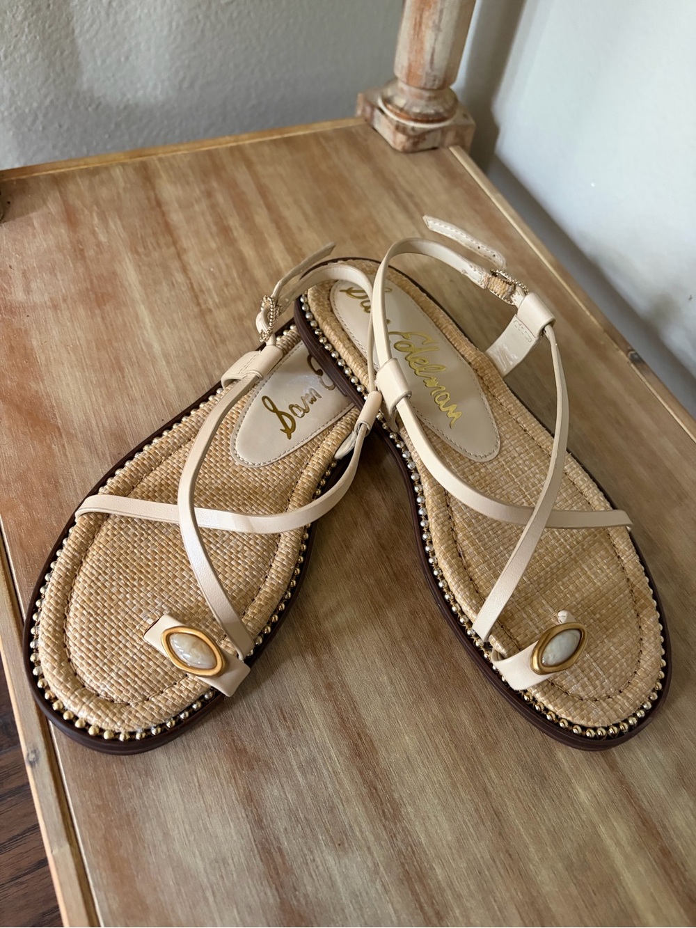Sam Edelman Cream Strappy Sandals with Gold Jewel Accent
